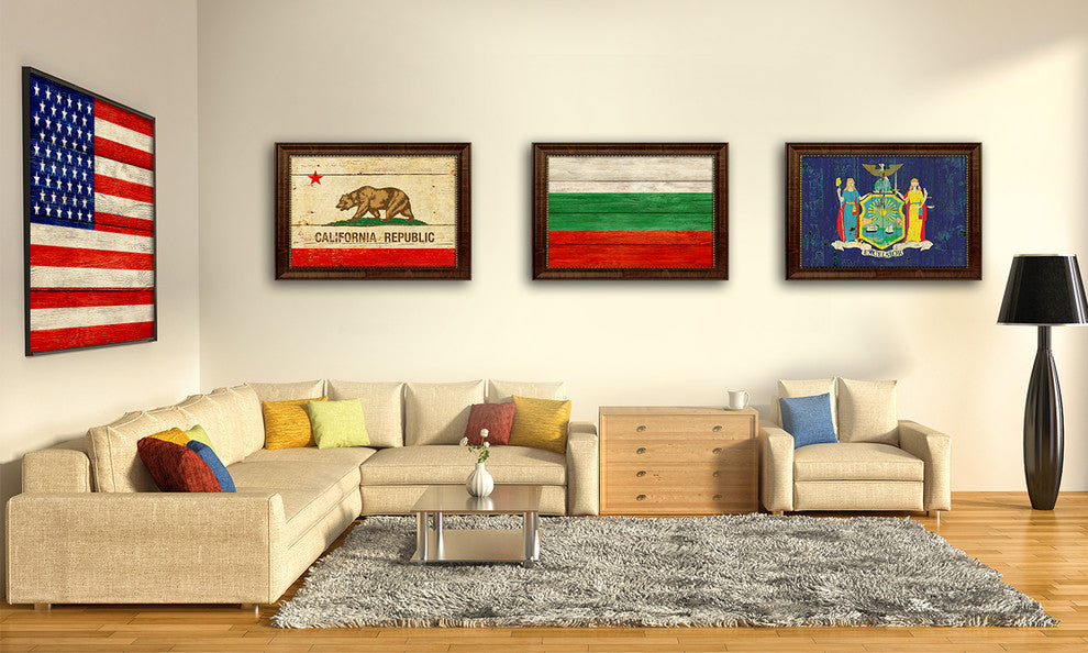Bulgaria Country Textured Flag Print With Brown Gold Frame, 15"X21"
