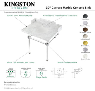 Kingston Brass LMS3030MA5 30" Carrara Marble Console Sink, Acrylic Legs
