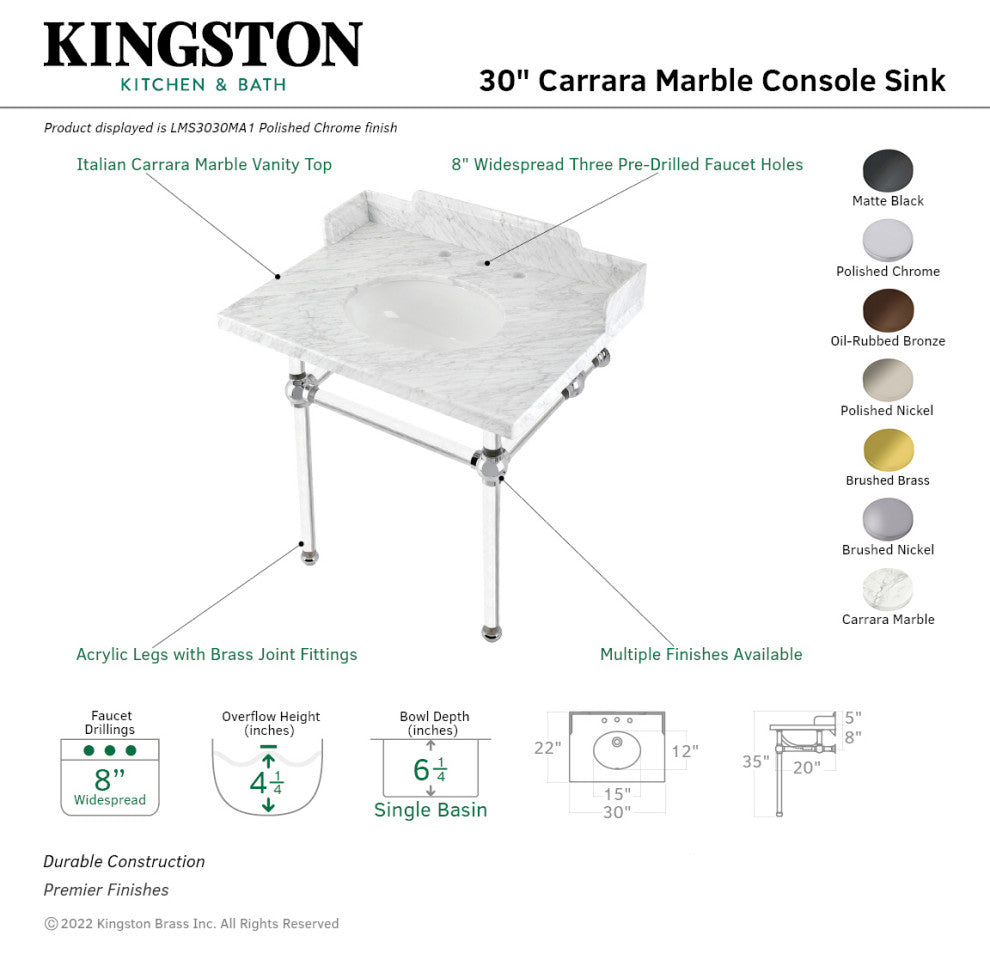 Kingston Brass LMS3030MA5 30" Carrara Marble Console Sink, Acrylic Legs