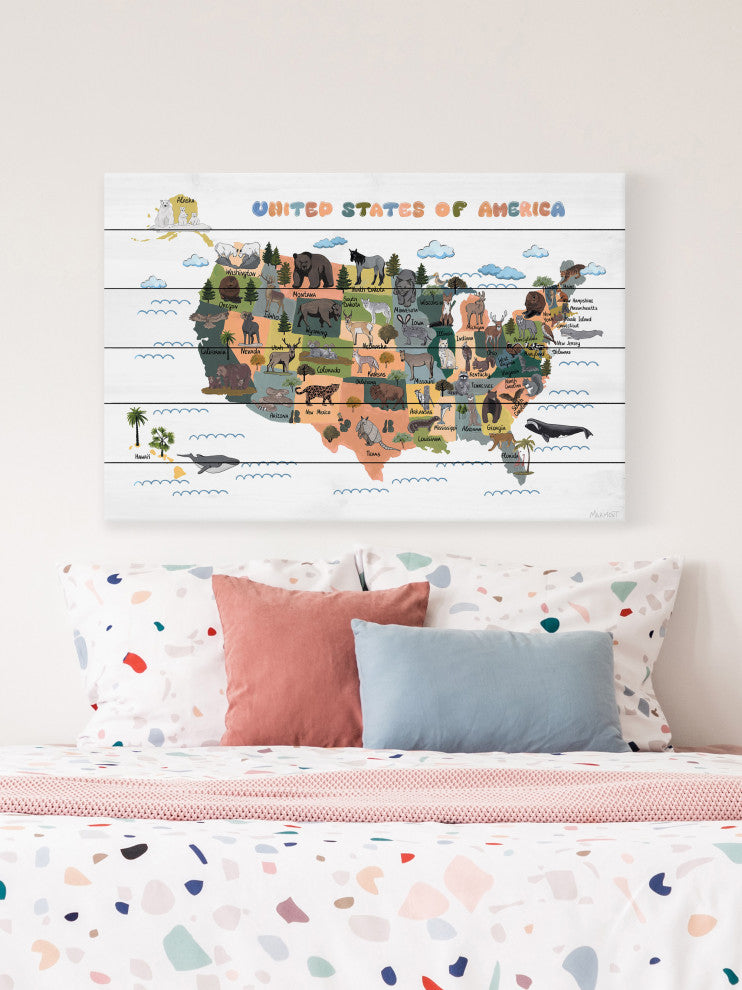 "Colorful US Animals Map" Painting Print on White Wood, 12x8