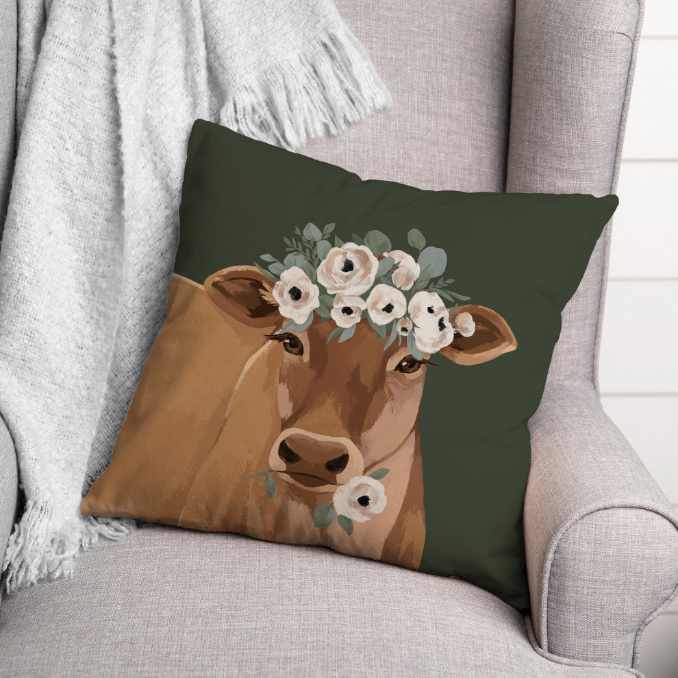 Painterly Floral Cow 18"x18" Spun Poly Pillow