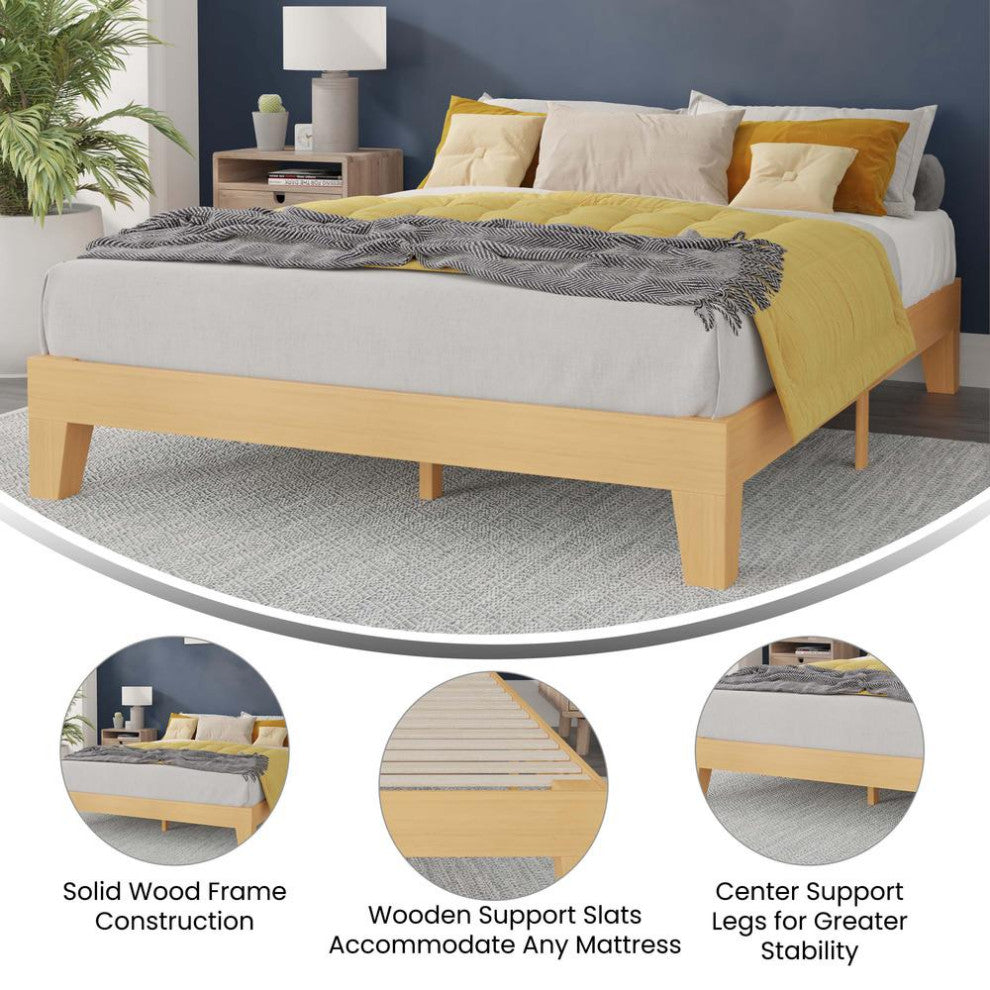 Evelyn Wood Platform Bed with Wooden Support Slats, No Box Spring Required, Natural, Queen