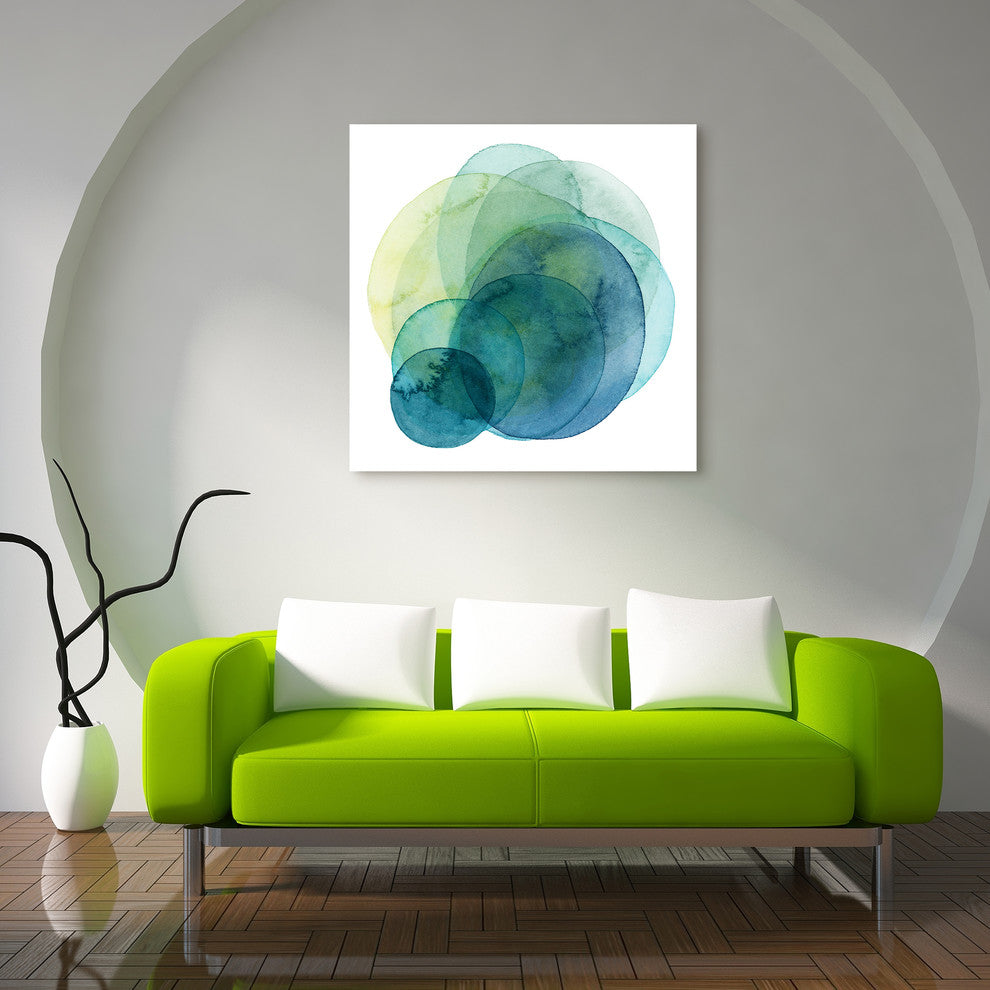 "Evolving Planets" Abstract Blue Wall Art Unframed Free Floating Tempered Glass