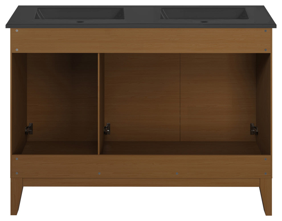 Cascade 48" Brown Oak, Double Basin Bathroom Vanity With Black Sink Top