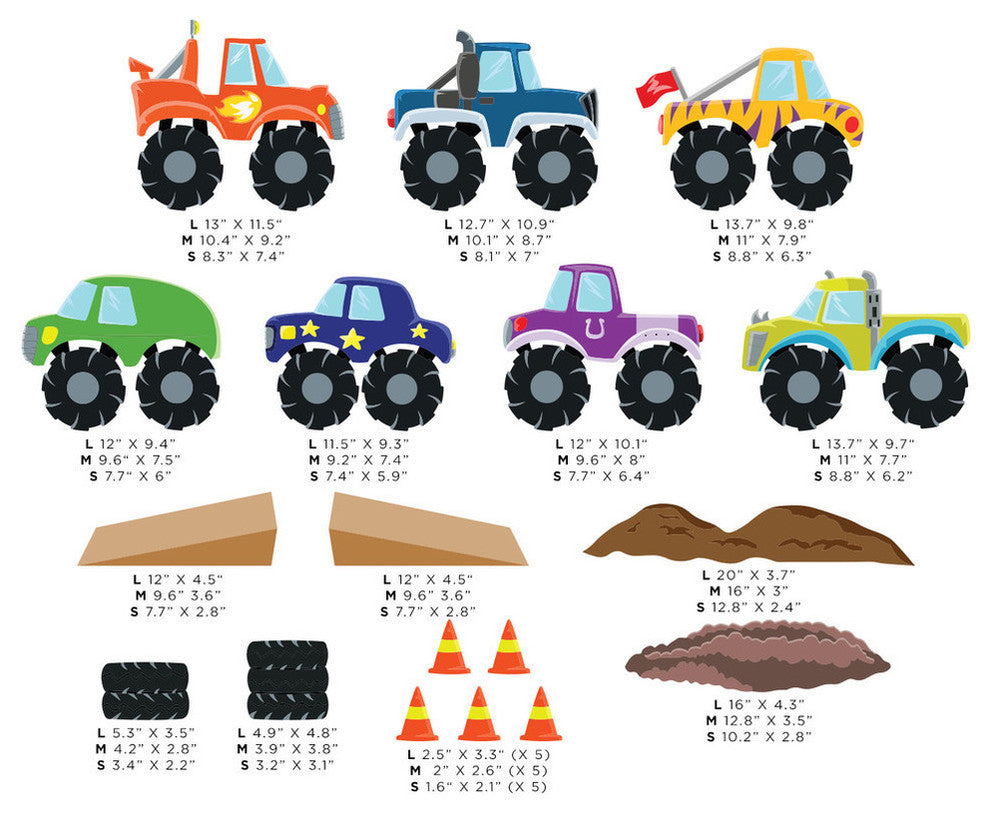 Monster Trucks Fabric Wall Decals, Set of 7, Size Small