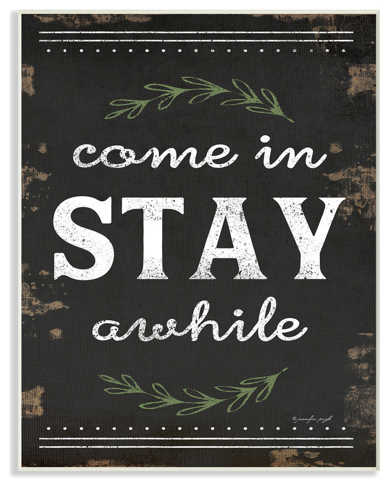 "Come Stay Awhile Rosemary Typography Distressed Black" 10x15, Wall Plaque Art