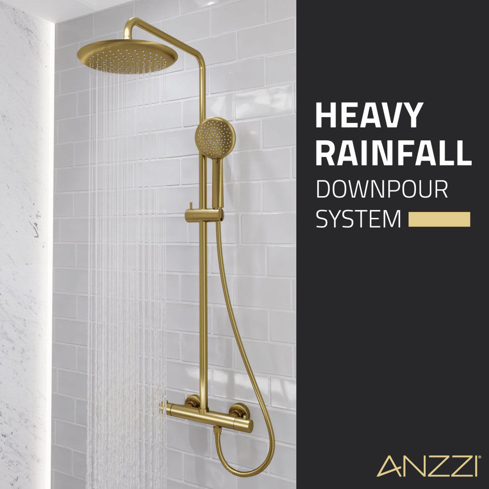 Heavy Rainfall Stainless Steel Shower Bar with Hand Sprayer, Brushed Gold