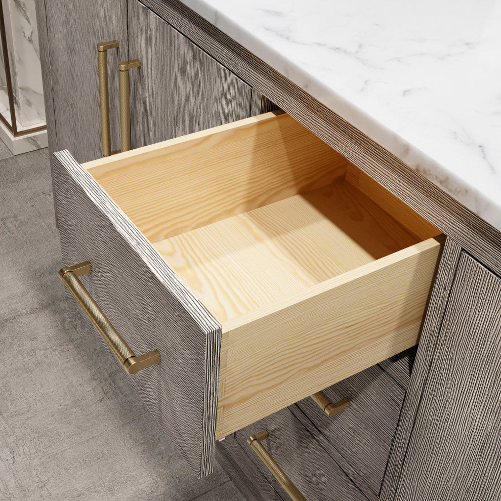 72 Double Sink White Marble Vanity, Gray Oak With Gooseneck Faucets and Mirrors