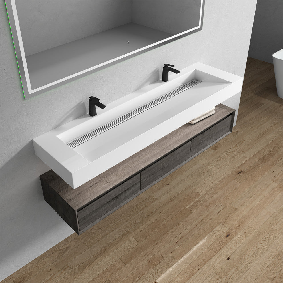 Alysa 72" Floating Bath Vanity, Acrylic Sink/Double Faucet Hole, Smoke Oak