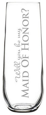 Champagne Flute Glass Will You Be My Maid of Honor?, 8.5 Oz Stemless
