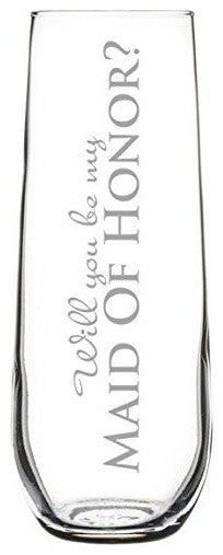 Champagne Flute Glass Will You Be My Maid of Honor?, 8.5 Oz Stemless
