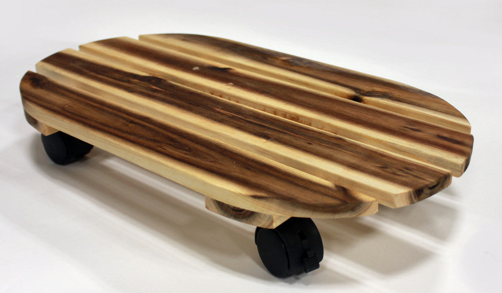 18" Acacia Wood Oval Caddy With Rolling Casters And Locks