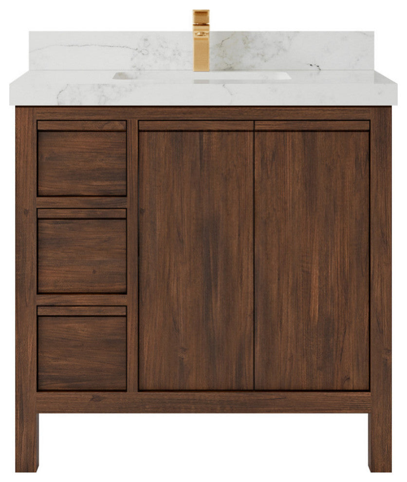 Elizabeth 36 Center Sink Bath Vanity in Dark Walnut Teak 2" Calacatta Nuvo
