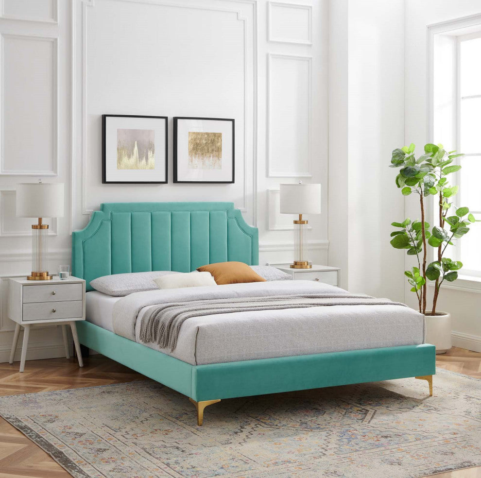 Platform Bed Frame, Queen Size, Velvet, Blue, Modern Contemporary, Bedroom