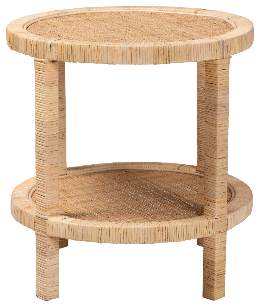 Bella Bohemian Natural Brown Mahogany Wood and Natural Rattan 2-Tier End Table