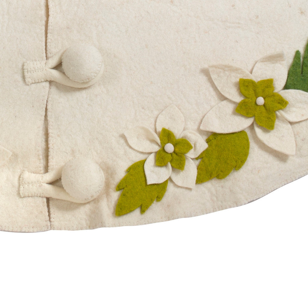 Handmade Christmas Tree Skirt in Felt, Greenery Border on Cream, 60"
