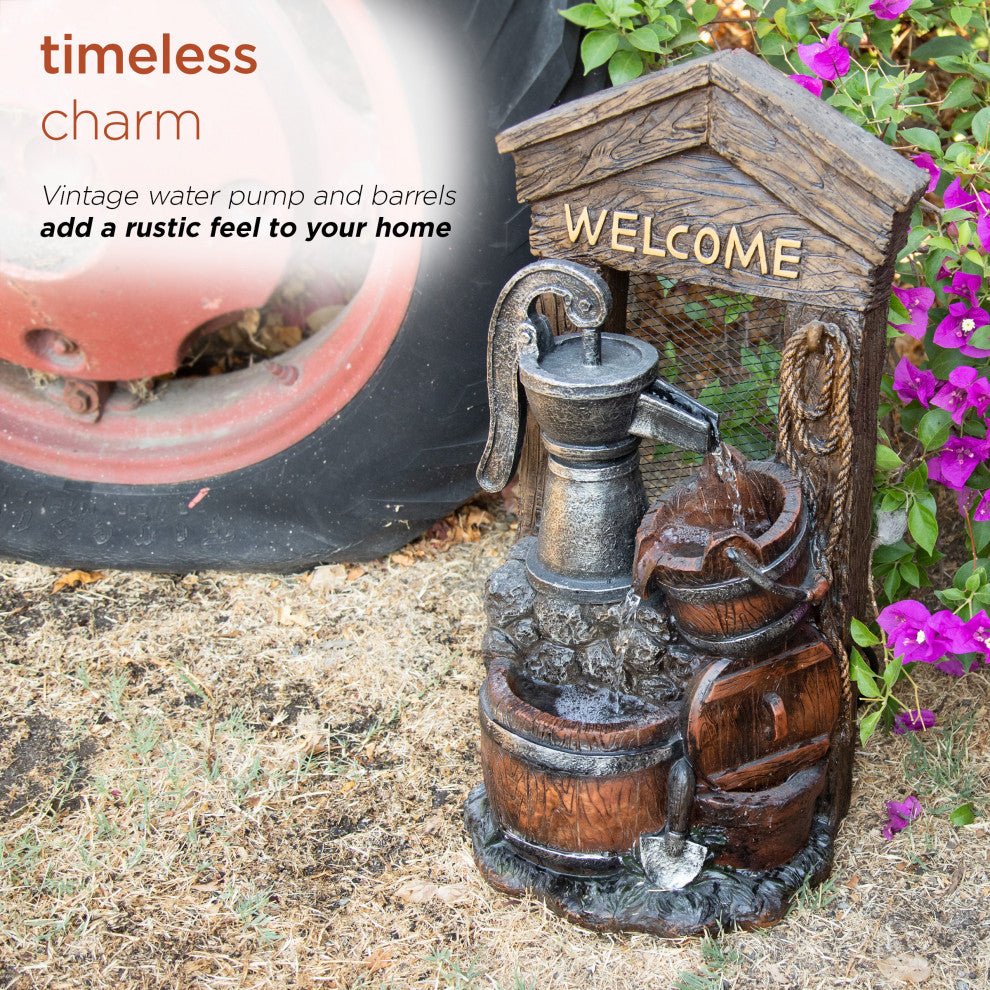 Alpine 2 Tier Fountain With Waterfall Pump and Barrel, 24"Tall