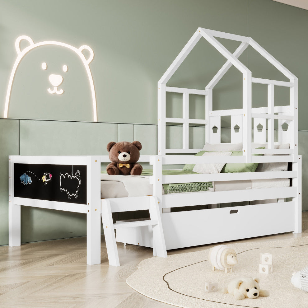Gewnee Twin Size House Bed with Ladder and Storage Drawers for Kid Bedroom