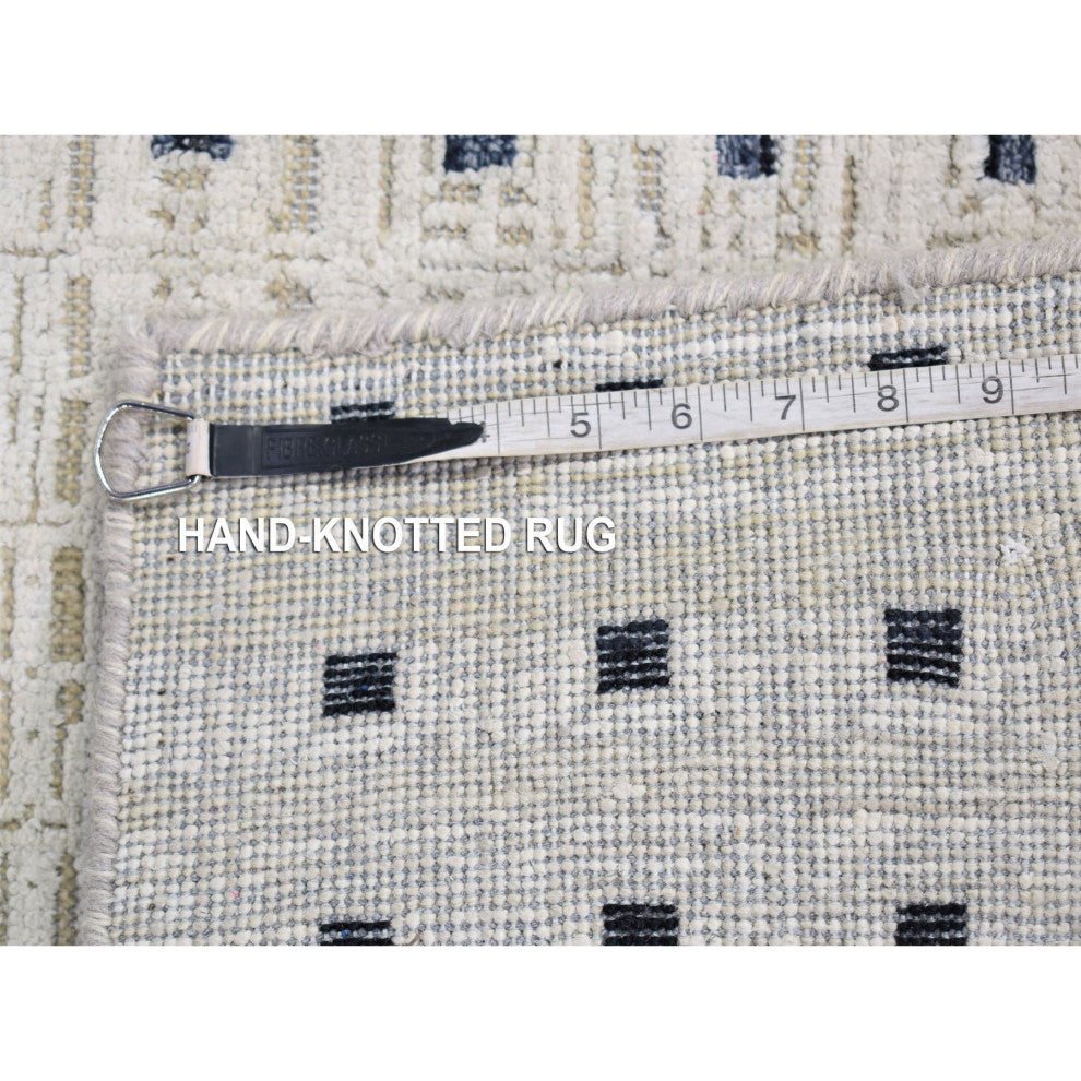 Ivory, Pure Silk With Textured Wool Hand Knotted, Modern Runner Rug, 2'7"x8'1"