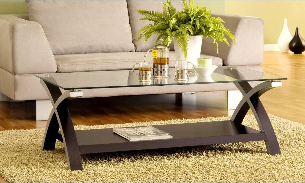 Cross Legs Modern Glass Coffee Table, Dark Brown