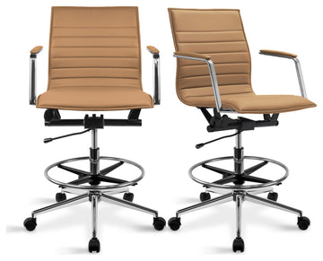 Set of 2 Drafting Chair Upholstered PU Leather Ribbed Mid Back Armchair, Tan