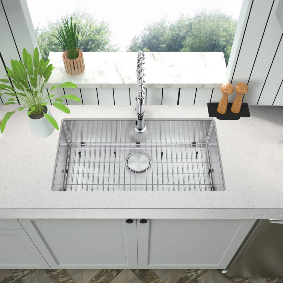 32"Undermount Kitchen Sink and Faucet  Drain AssemblyandStrainer, Bottom Grid