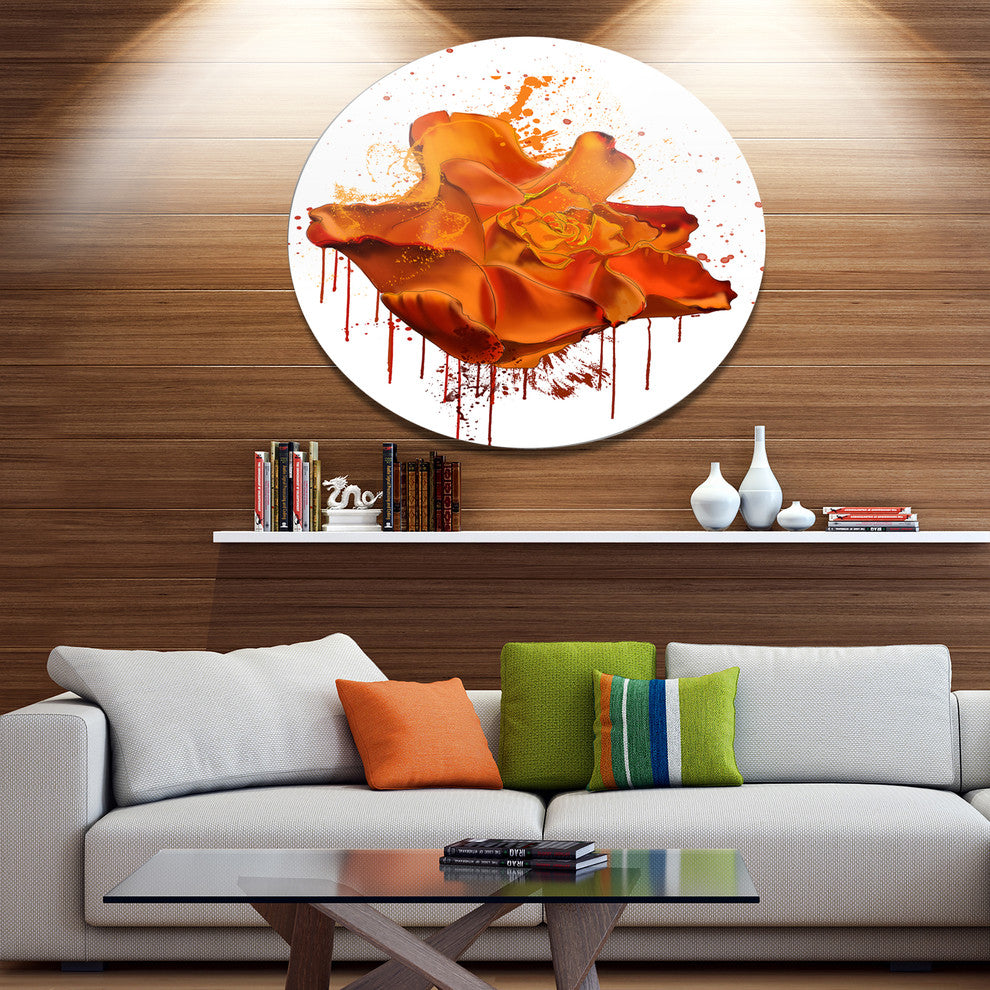 Abstract Brown Rose With Splashes, Floral Disc Metal Wall Art, 23"