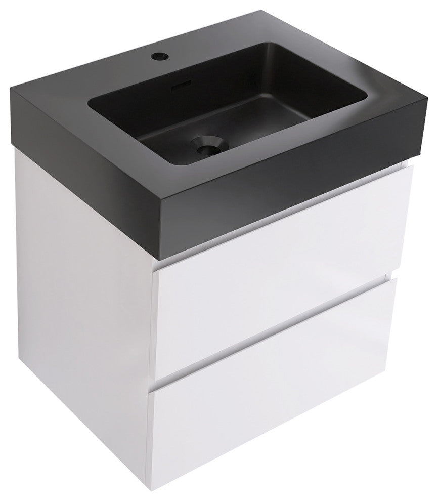 Wood Wall-Mounted Bathroom Vanity Set with Black Integrated Quartz Sand Sink, White, 24"