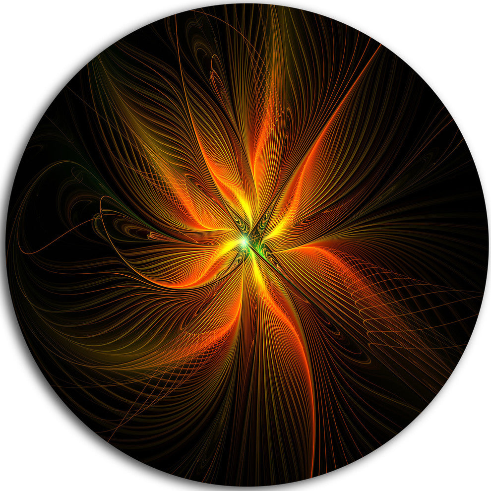 Shiny Golden Yellow Fractal Flower On Black, Floral Disc Artwork, 23"