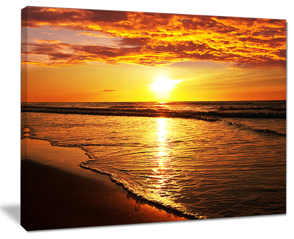 "Bright Yellow Sunset Over Waves" Modern Beach Canvas Art Print, 40"x30"