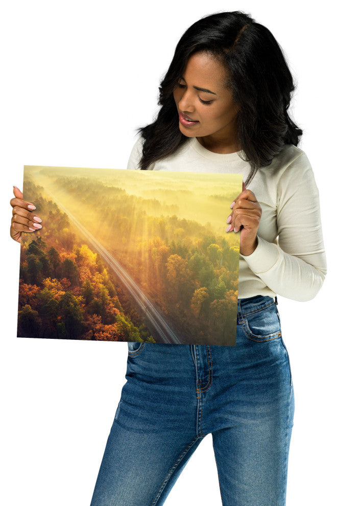 Sunrise Railroad Though Misty Forest Landscape Photo Loose Wall Art Prints, 11" X 14"