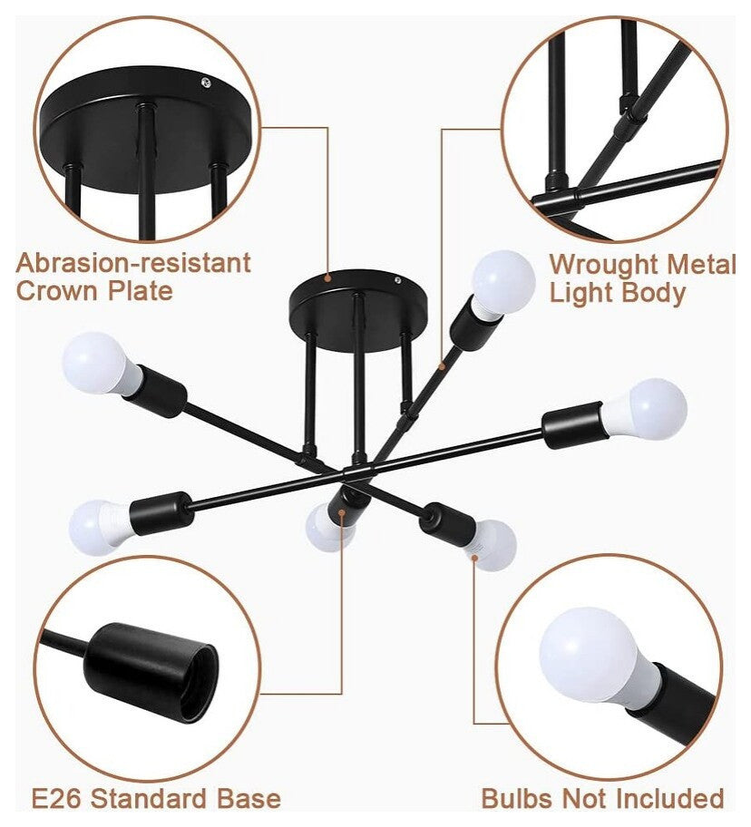 Farmhouse Semi Flush Mount Ceiling Light Fixture, 6 Light, Black Ceiling Lamp