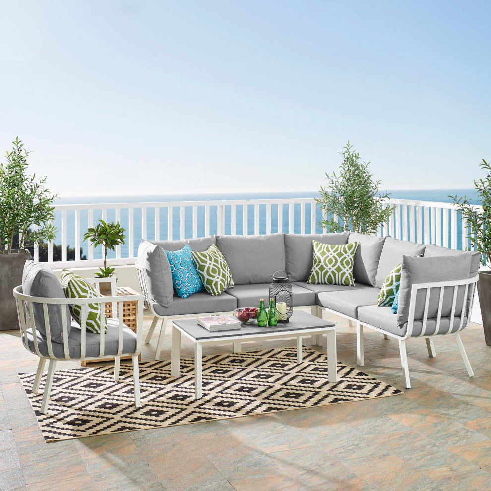 Lounge Sectional Sofa Chair Set, Aluminum, Metal, White Gray, Outdoor