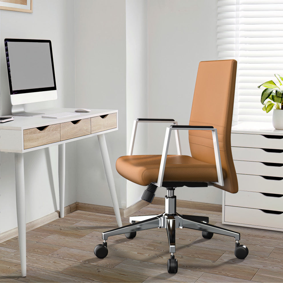 LeisureMod Aleen Upholstered Leather Office Chair With Swivel and Tilt, Acorn Brown