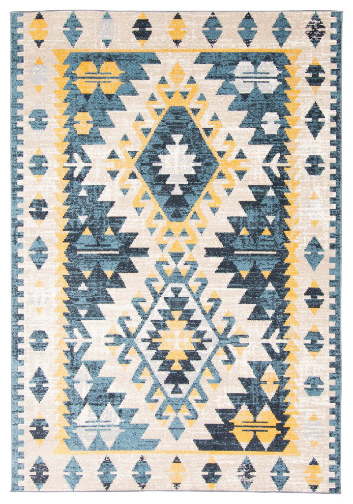 Aqua Mosaic Area Rug, Taupe/Blue, 5'x7'