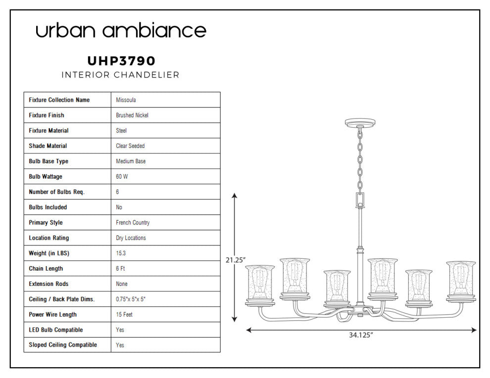 Luxury French Country Chandelier, Brushed Nickel, UHP3790