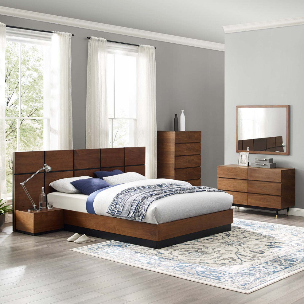 Queen Bed Dresser Chest Nightstand Set, Wood, Brown Walnut, Modern Room