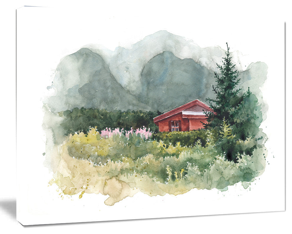 Watercolor House Aad Mountains, Landscape Canvas Art Print, 40"x30"