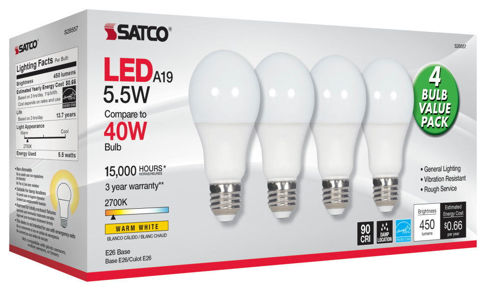 5.5W, A19 LED, Frosted, 2700K, Medium Base, 120V, 4-Pack