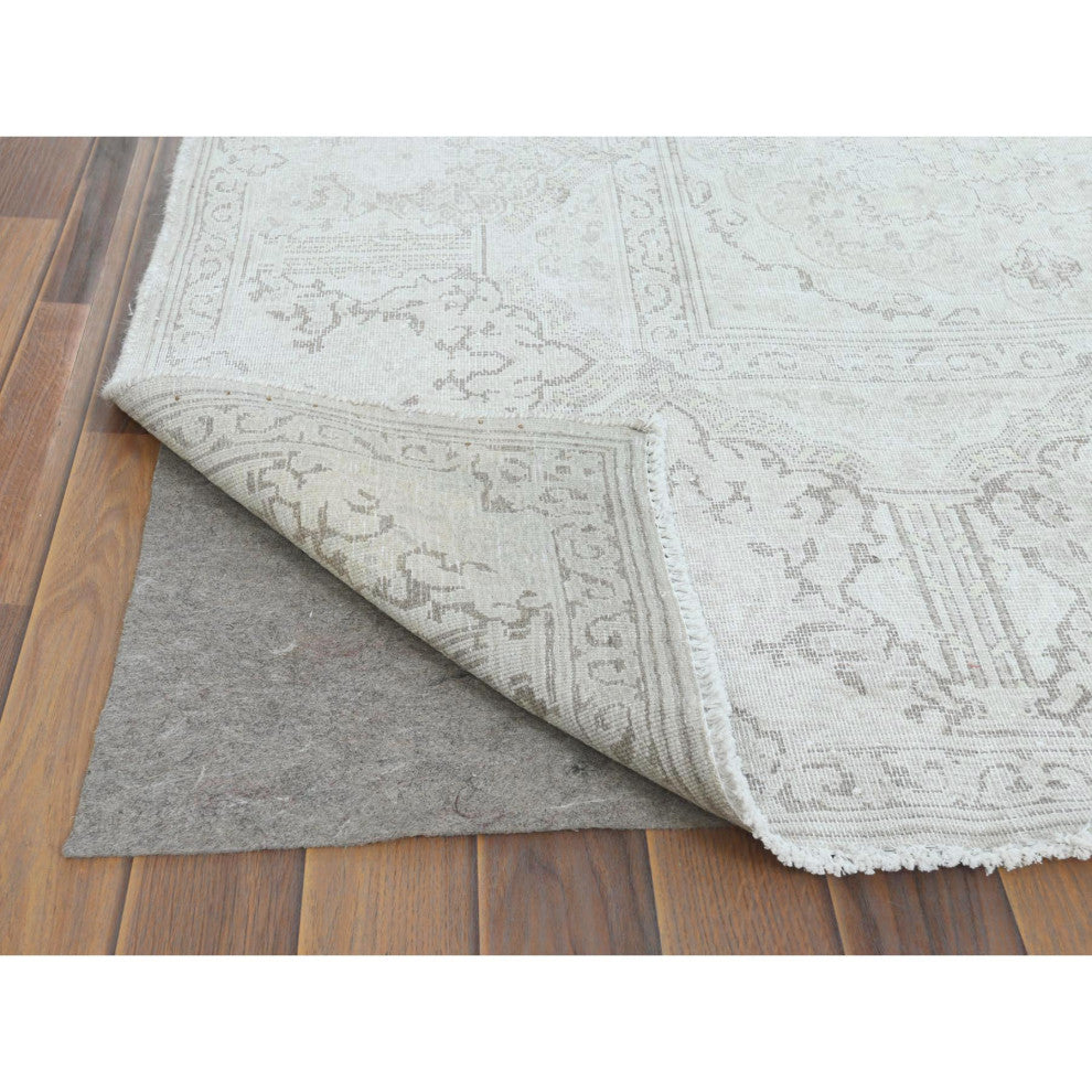 Hand Knotted, Ivory, Vintage Persian Kerman, Worn Wool Oriental Rug 9'6" x 12'5"