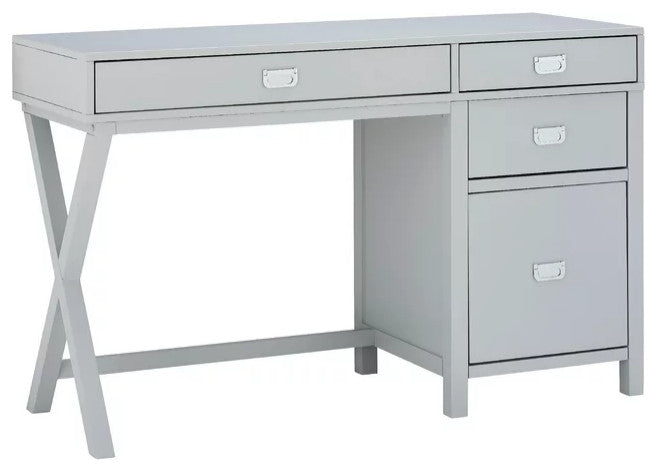 Contemporary Desk, X-Leg & 4 Spacious Drawers With Metal Pull Handles, Gray