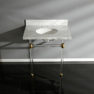30X22 Marble Vanity Top w/Acrylic Console Legs, Carrara Marble/Brushed Brass