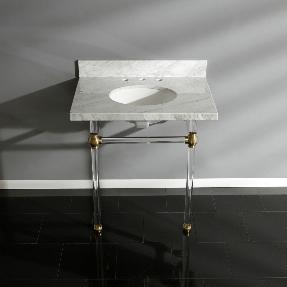 30X22 Marble Vanity Top w/Acrylic Console Legs, Carrara Marble/Brushed Brass