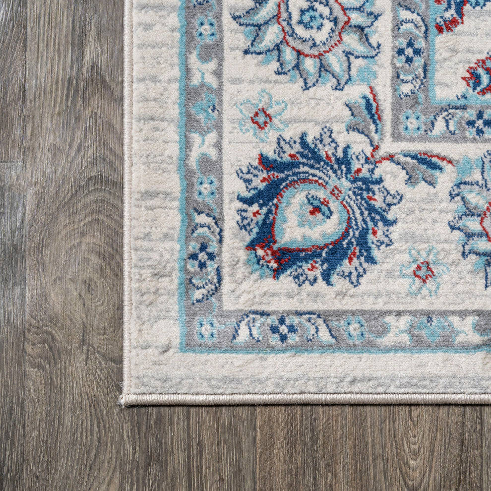 Modern Persian Moroccan Ivory/Blue/Red 5' Square Area Rug