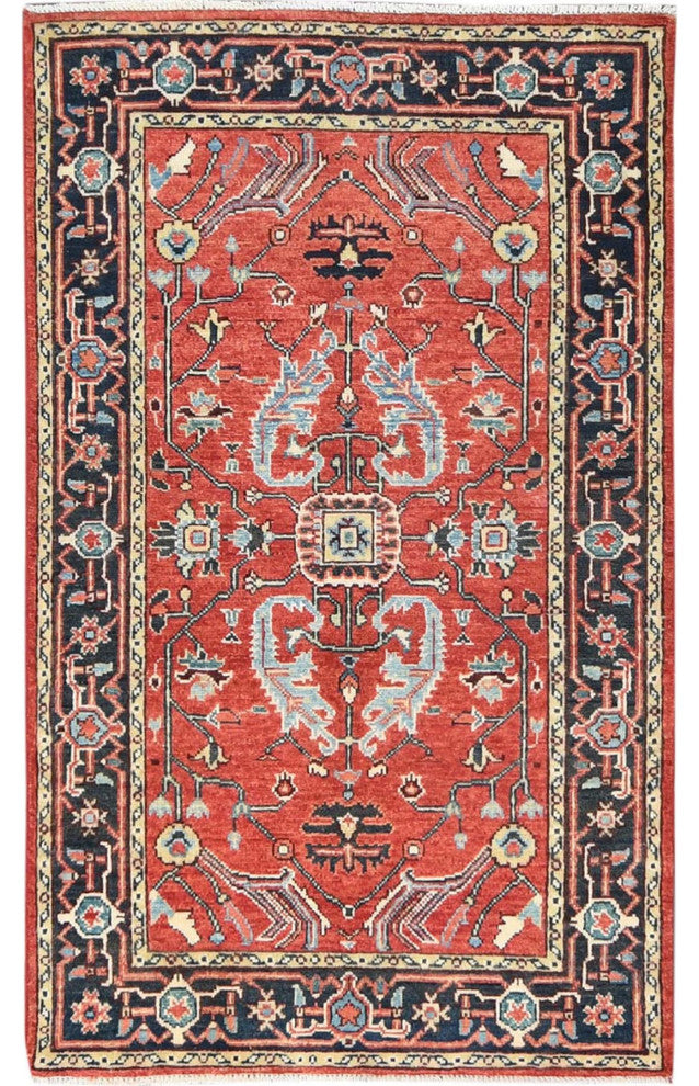 Imperial Red Afghan Peshawar Heriz Wool Hand Knotted Oriental Rug, 3'x4'10"