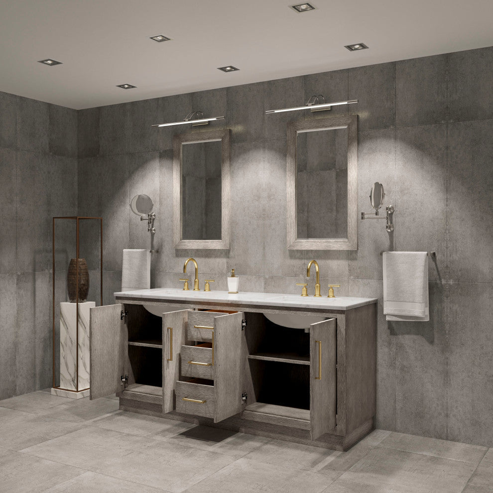 72 Double Sink White Marble Vanity, Gray Oak With Gooseneck Faucets and Mirrors