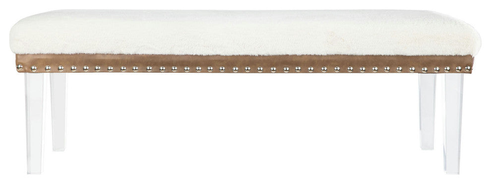 Brianna Modern Luxury Faux Fur Upholstered Bench with Clear Legs - Snow