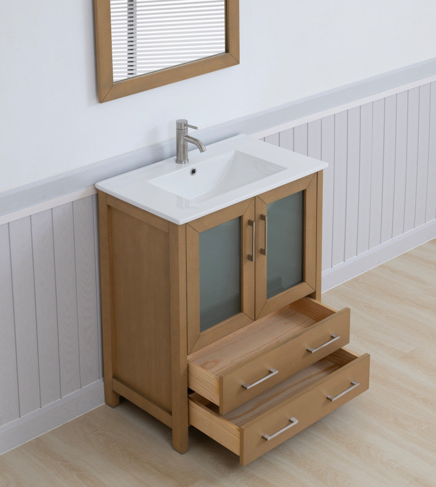 Vanity Art Single Vanity Set With Ceramic Top, 30", Natural Oak, Standard Mirror