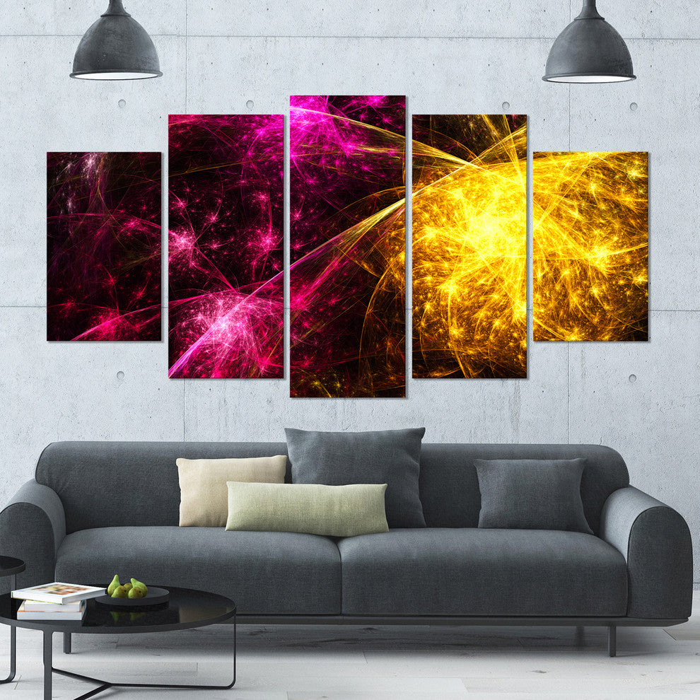 Yellow Pink Colorful Fireworks, Contemporary Canvas Art Print, 60"x32", 5 Panels