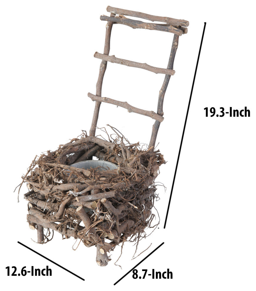Benzara BM200899 Nature Inspired Wooden Nest Planter With Clay Pot, Gray/Brown